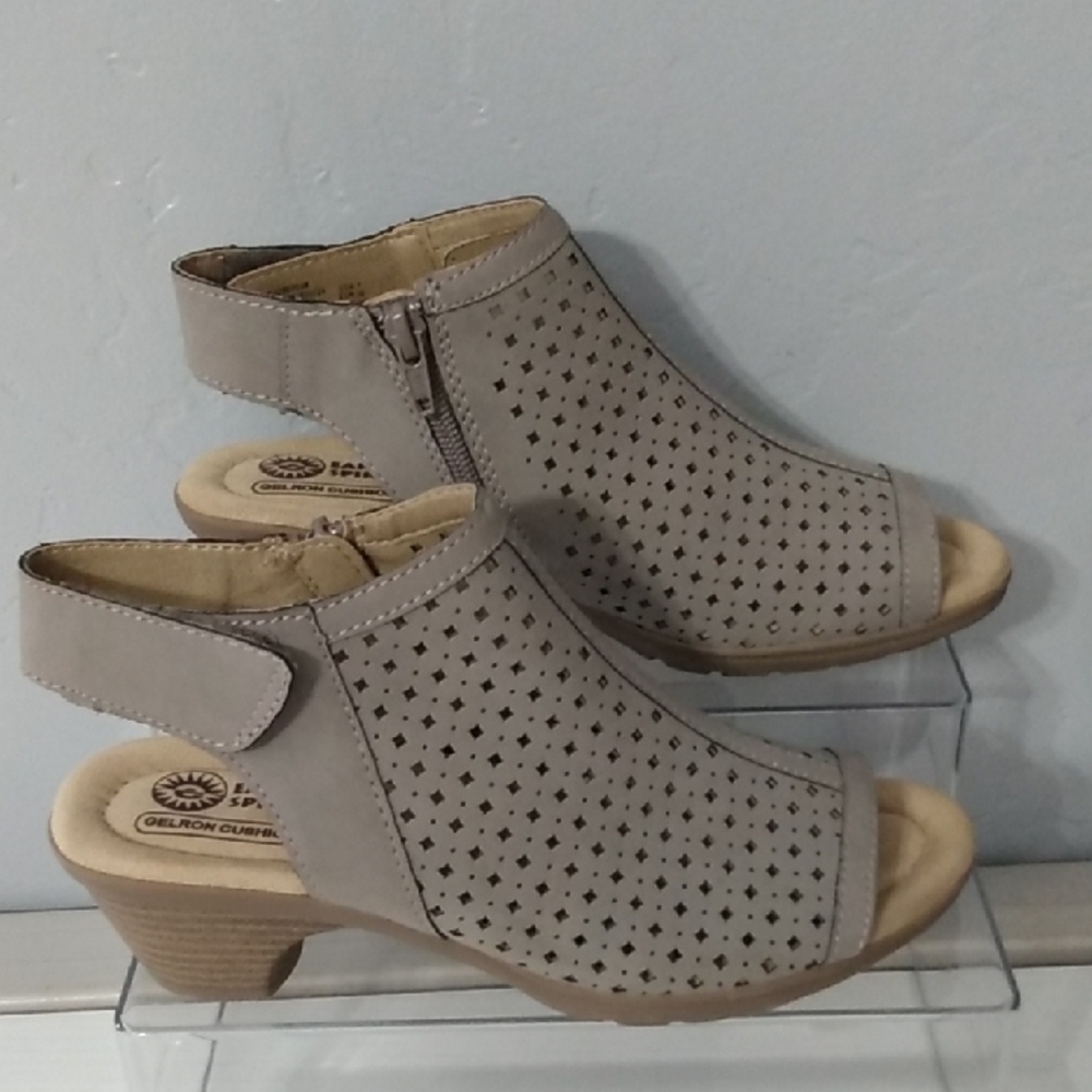 Earth Spirit Taupe Perforated Peep-Toe Slingback Heels- WMNS 7 - Gelron Cushion